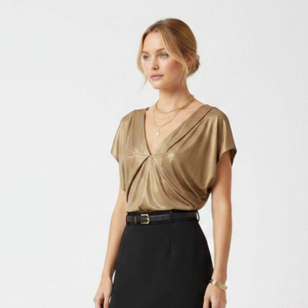 Yoana Baraschi Gold Short Sleeve V Drape Neck Blouse Top S
